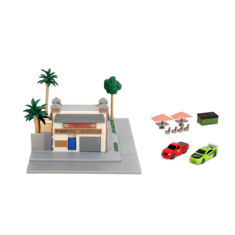 slide 4 of 14, Universal Fast and Furious Hollywood Rides Nanoscene - Toretto's Market & Cafe Vehicle Playset: Toy Vehicle Set with 2 Cars, Plastic, 1 ct