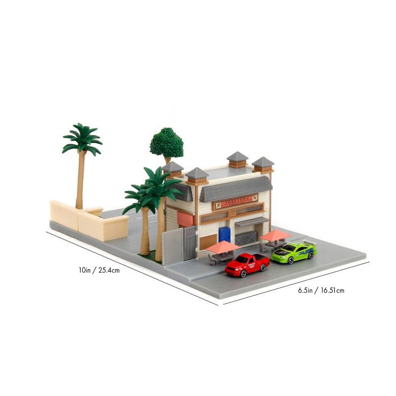 slide 7 of 14, Universal Fast and Furious Hollywood Rides Nanoscene - Toretto's Market & Cafe Vehicle Playset: Toy Vehicle Set with 2 Cars, Plastic, 1 ct