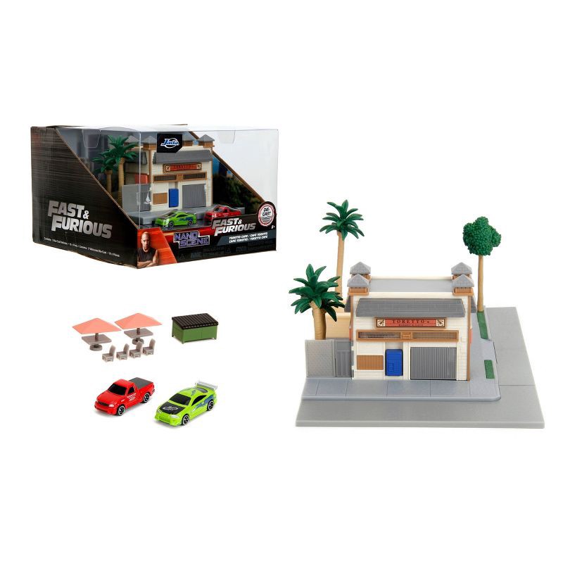 slide 1 of 14, Universal Fast and Furious Hollywood Rides Nanoscene - Toretto's Market & Cafe Vehicle Playset: Toy Vehicle Set with 2 Cars, Plastic, 1 ct