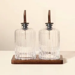 Hearth & Hand with Magnolia Oil & Vinegar Ribbed Glass Bottle Set with Wood Base - Hearth & Hand™ with Magnolia