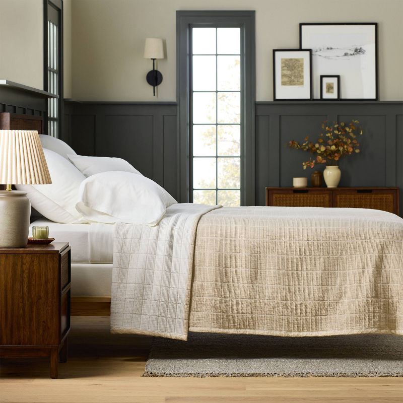 slide 2 of 4, Hearth & Hand with Magnolia King Textured Grid Coverlet Beige - Hearth & Hand™ with Magnolia: Farmhouse Jacquard Bedding, OEKO-TEX Certified, 1 ct