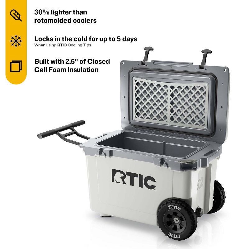 slide 2 of 10, RTIC Outdoors 52qt Ultra-Light Wheeled Hard Sided Cooler - White/Gray: Tow Handle, Drain Plug, 52 qt
