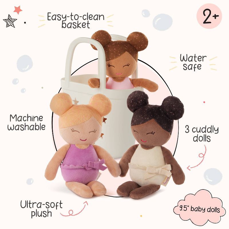 slide 4 of 10, LullaBaby Bathtime Set with 3 Plush Bath Dolls for Real Water Play: Toddler Girl Bath Toys, Baby Doll Accessories, 1 ct