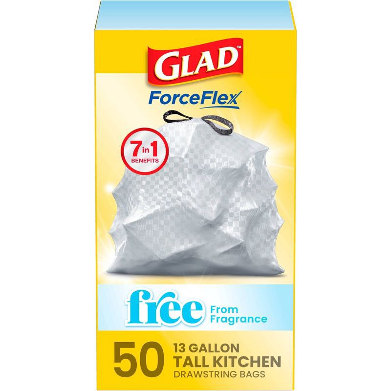 slide 1 of 12, Glad ForceFlex Drawstring Fragrance Free Trash Bags - 13gal/50ct, 13 gal; 50 ct