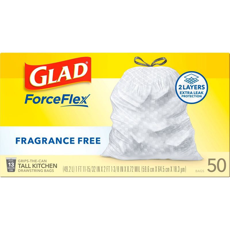 slide 11 of 13, Glad ForceFlex Drawstring Fragrance Free Trash Bags - 13gal/50ct, 13 gal, 50 ct