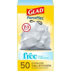 Glad ForceFlex Drawstring Fragrance Free Trash Bags - 13gal/50ct: Gray, Tall Kitchen, Extra Strong