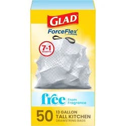 Glad ForceFlex Drawstring Fragrance Free Trash Bags - 13gal/50ct: Gray, Tall Kitchen, Extra Strong