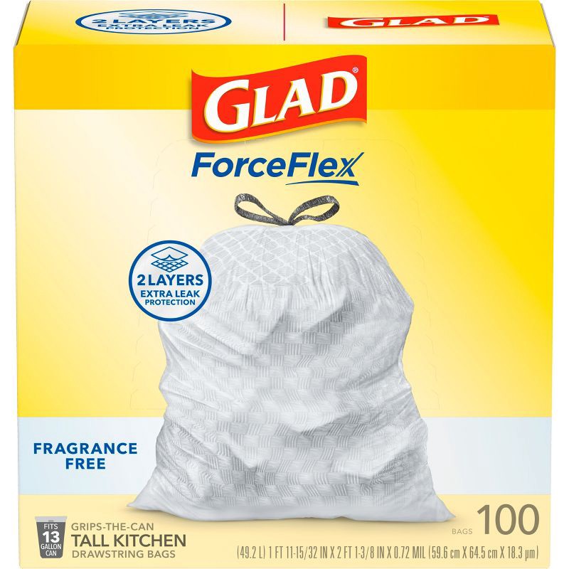 slide 2 of 9, Glad ForceFlex Drawstring Fragrance Free Trash Bags - 13gal/100ct, 13 gal, 100 ct