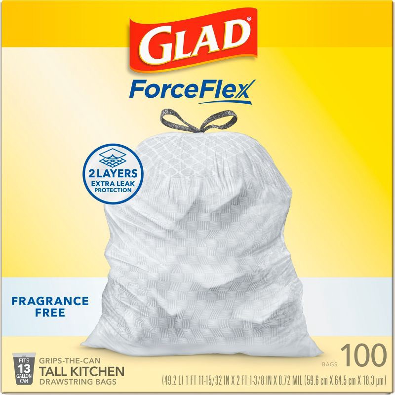 slide 9 of 9, Glad ForceFlex Drawstring Fragrance Free Trash Bags - 13gal/100ct, 13 gal, 100 ct
