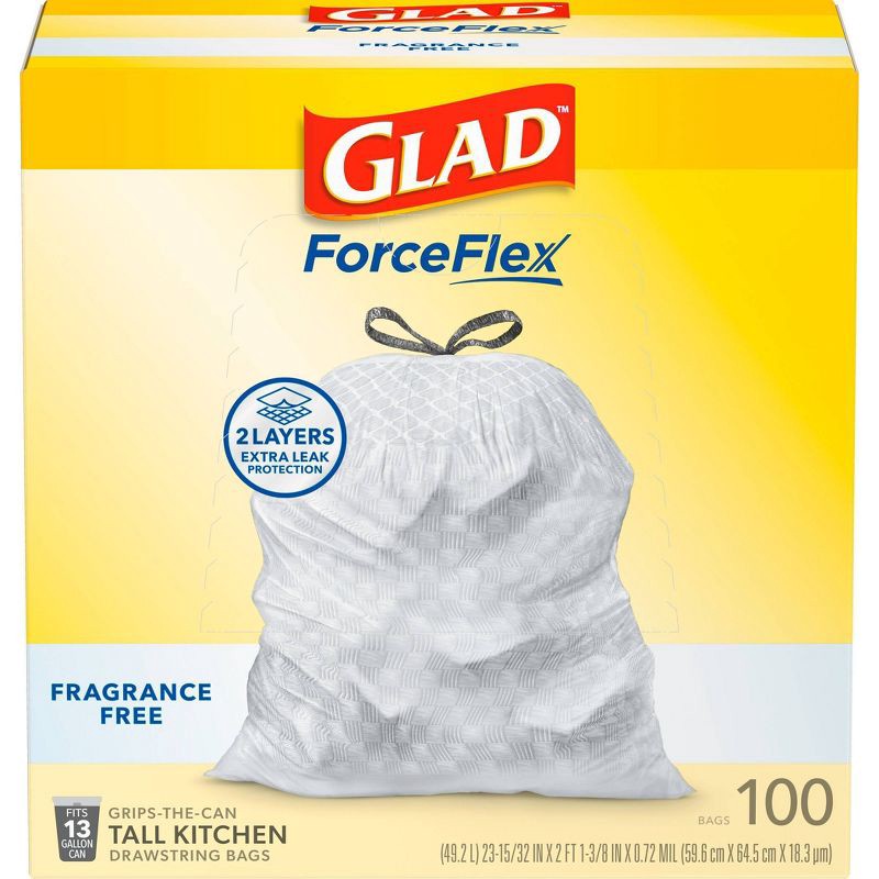 slide 8 of 9, Glad ForceFlex Drawstring Fragrance Free Trash Bags - 13gal/100ct, 13 gal, 100 ct