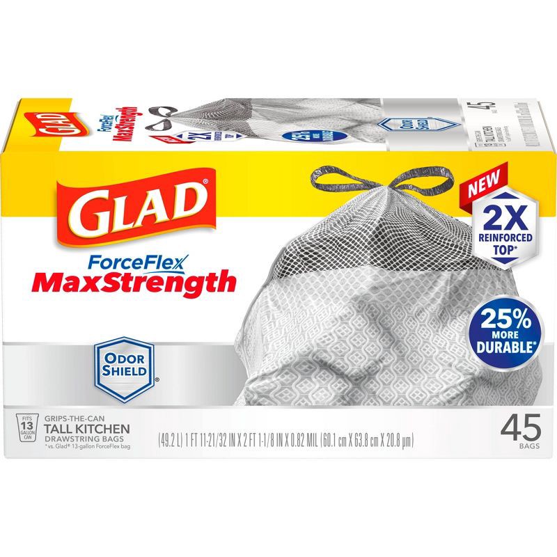 slide 2 of 18, Glad ForceFlex MaxStrength Drawstring Odor Shield Trash Bags - 13gal - 45ct, 45 ct; 13 gal