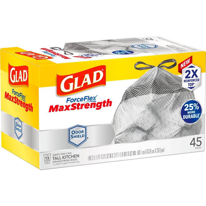slide 12 of 18, Glad ForceFlex MaxStrength Drawstring Odor Shield Trash Bags - 13gal - 45ct, 45 ct; 13 gal