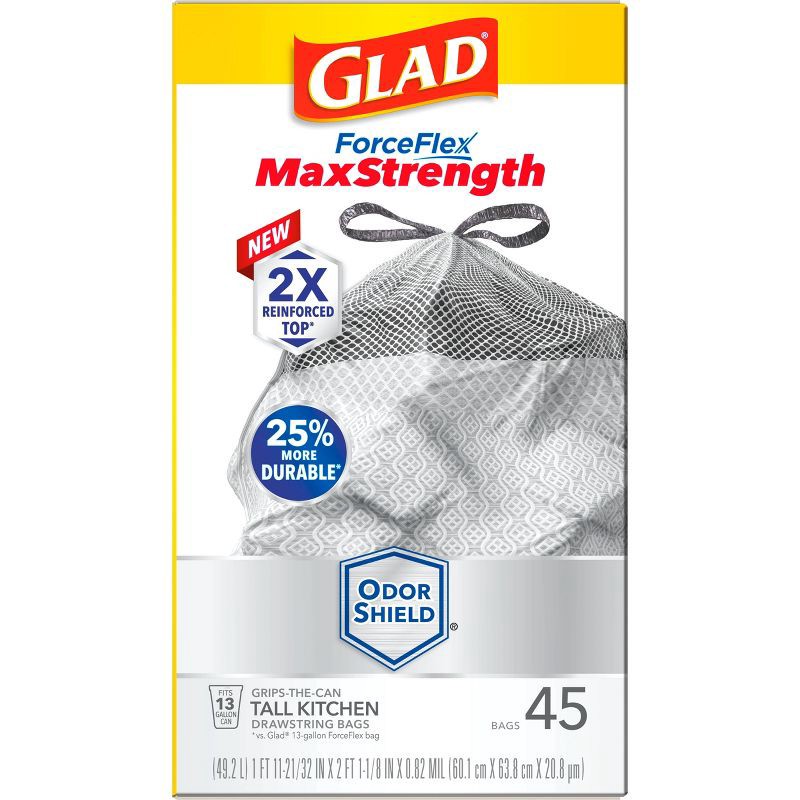slide 13 of 18, Glad ForceFlex MaxStrength Drawstring Odor Shield Trash Bags - 13gal - 45ct, 45 ct; 13 gal
