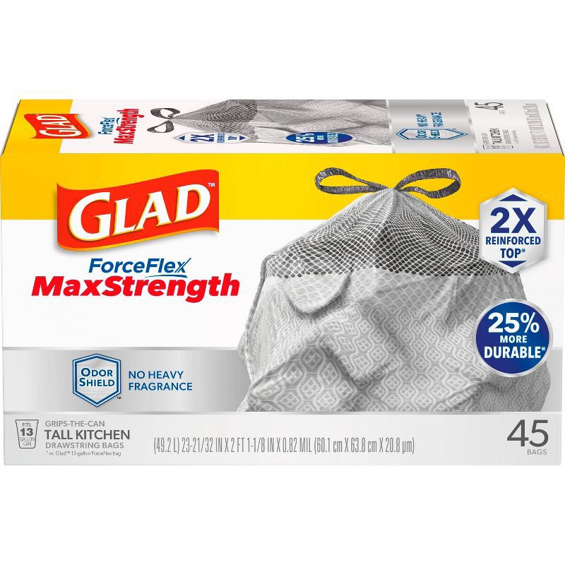 slide 11 of 14, Glad ForceFlex MaxStrength Drawstring Odor Shield Trash Bags - 13gal - 45ct, 45 ct; 13 gal
