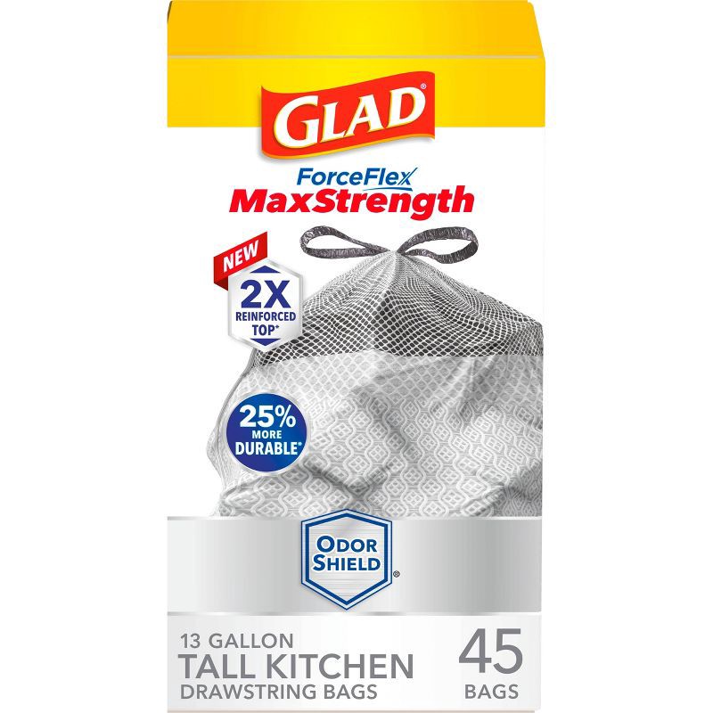 slide 1 of 18, Glad ForceFlex MaxStrength Drawstring Odor Shield Trash Bags - 13gal - 45ct, 45 ct; 13 gal