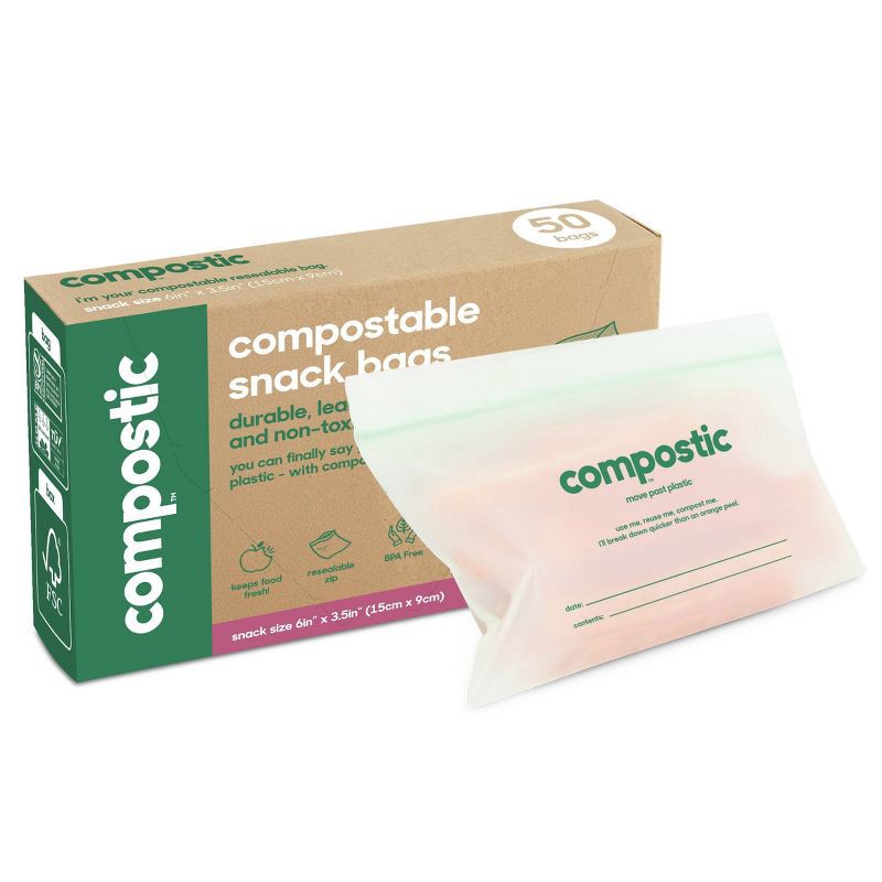 slide 2 of 8, Compostic 100% Compostable Snack Bags - 50ct, 50 ct