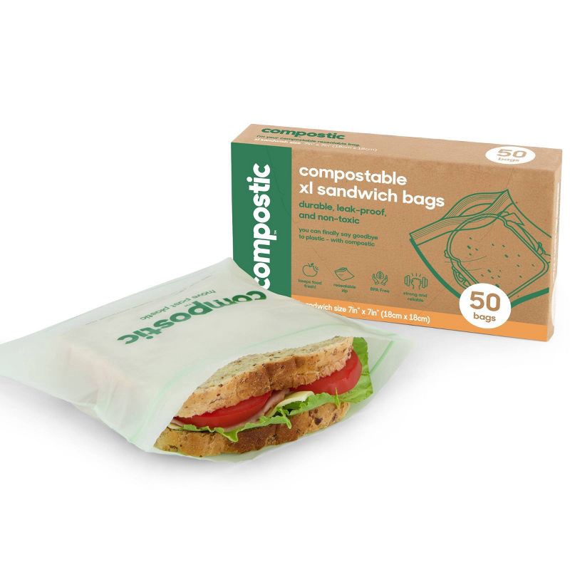 slide 2 of 7, Compostic 100% Compostable Sandwich Bags - 50ct, 50 ct