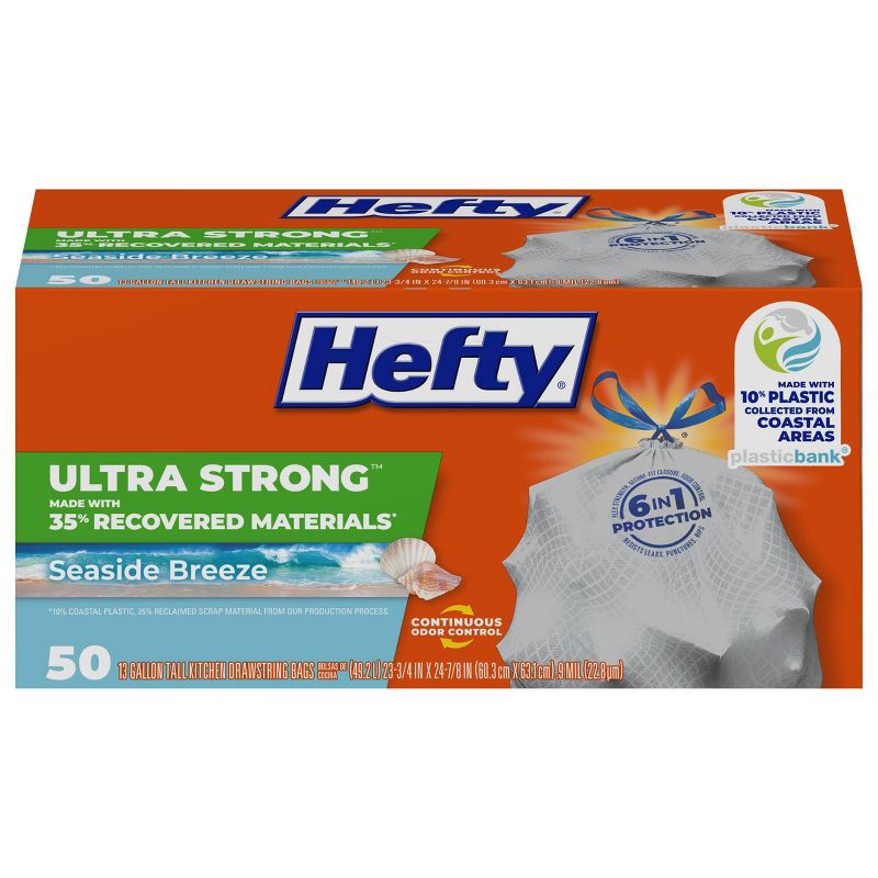 slide 1 of 10, Hefty Ultra Strong Tall Kitchen Drawstring Trash Bags - Seaside Breeze - 13gal - 50ct, 13 gal, 50 ct