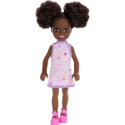 Barbie 6.3" Chelsea Small Doll Brown Hair/Brown Eyes Wearing Removable Purple Floral Dress with Space Buns