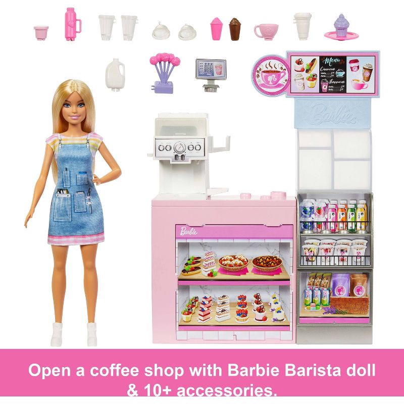 slide 4 of 6, Barbie Coffee Shop Playset with Blonde Barista Doll with Working Coffee Maker & Accessories, 1 ct