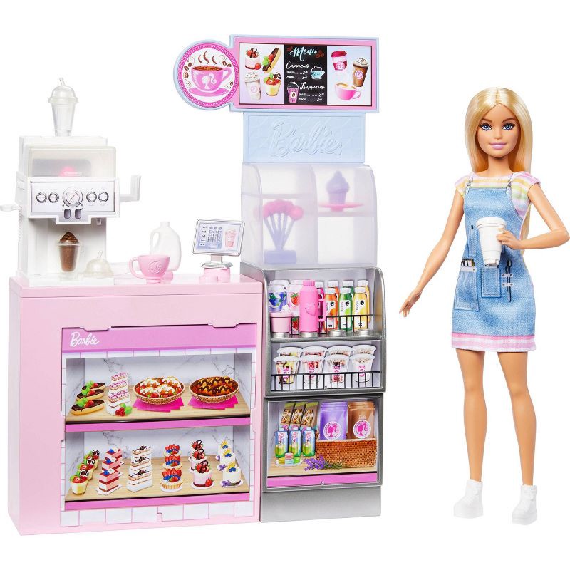slide 5 of 6, Barbie Coffee Shop Playset with Blonde Barista Doll with Working Coffee Maker & Accessories, 1 ct