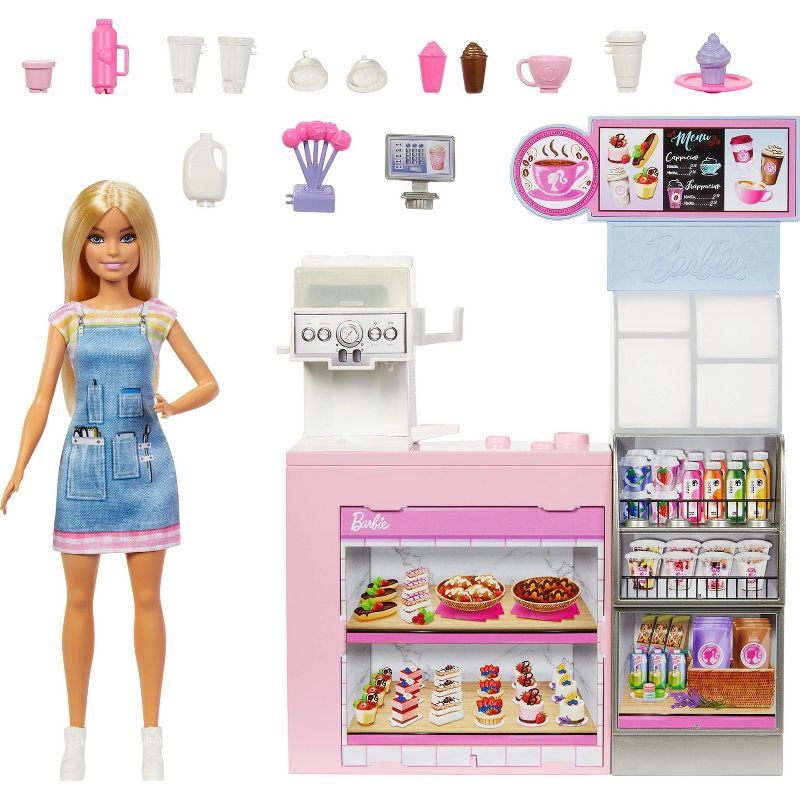 slide 1 of 6, Barbie Coffee Shop Playset with Blonde Barista Doll with Working Coffee Maker & Accessories, 1 ct