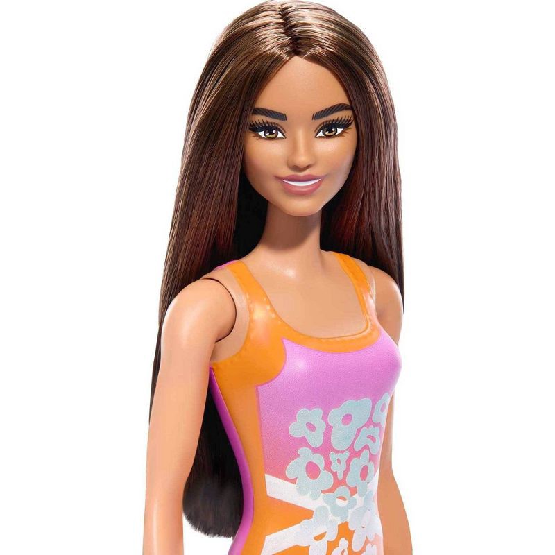 slide 2 of 6, Barbie 12.7" Beach Barbie Doll Brown Hair/Brown Eyes Wearing Tropical Pink and Orange Swimsuit, 1 ct
