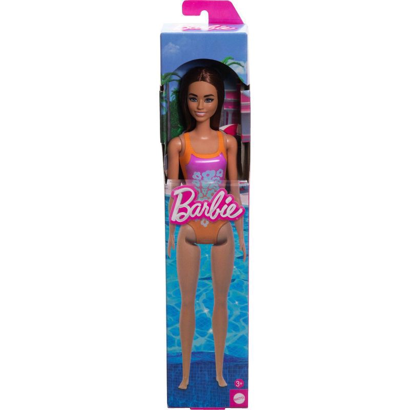 slide 5 of 6, Barbie 12.7" Beach Barbie Doll Brown Hair/Brown Eyes Wearing Tropical Pink and Orange Swimsuit, 1 ct