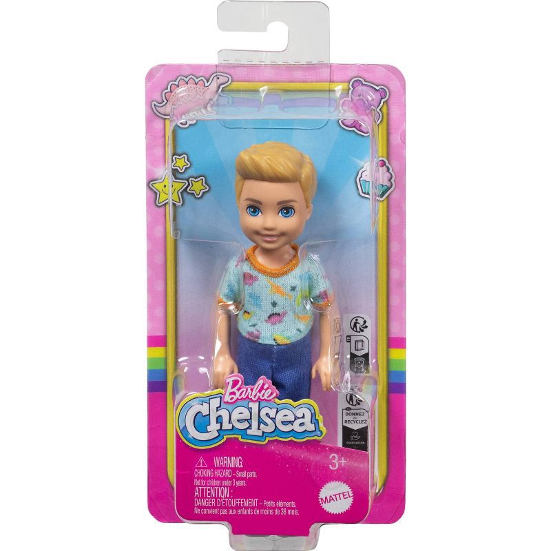 slide 6 of 6, Barbie 6.3" Chelsea Small Boy Doll Blond Hair/Blue Eyes Wearing Removable One-Piece with Dino Print, 1 ct