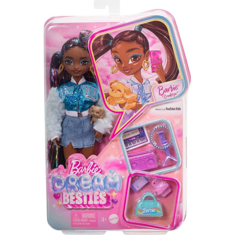 slide 6 of 6, Barbie 12.7" Dream Besties Barbie Brooklyn Fashion Doll Brown Hair/Brown Eyes with Video & Music Themed Accessories, 1 ct