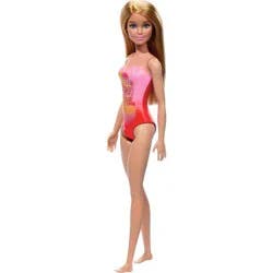 Barbie 12.7" Beach Doll Blond Hair/Blue Eyes Wearing Pink Palm Tree Print Swimsuit