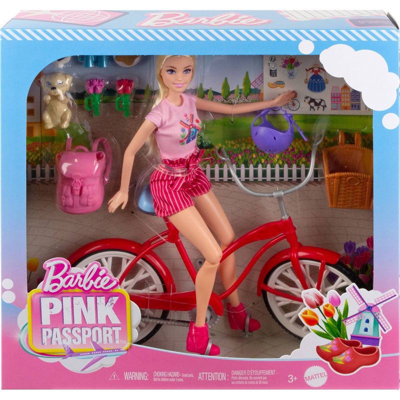 slide 6 of 6, Barbie Pink Passport Holland Doll Set with Bicycle, Clothes, & Travel Accessories, 1 ct