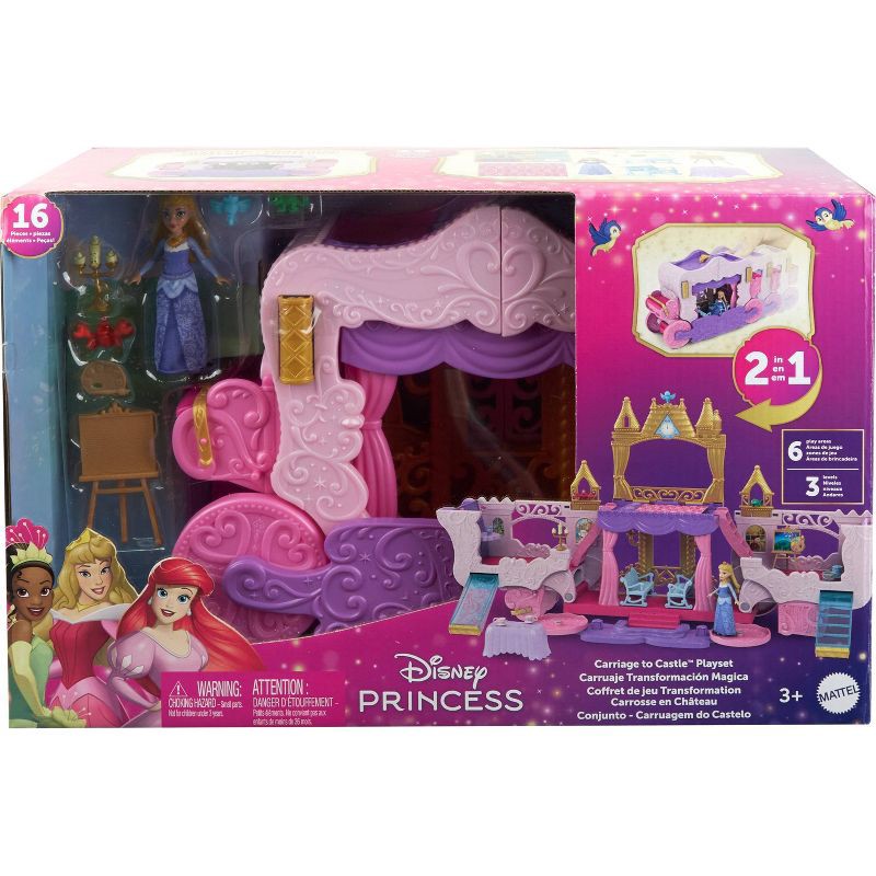 slide 6 of 6, Disney Princess Carriage to Castle Transforming Playset 18pc with Aurora Small Doll, 4 Figures & 3 Levels, 18 ct