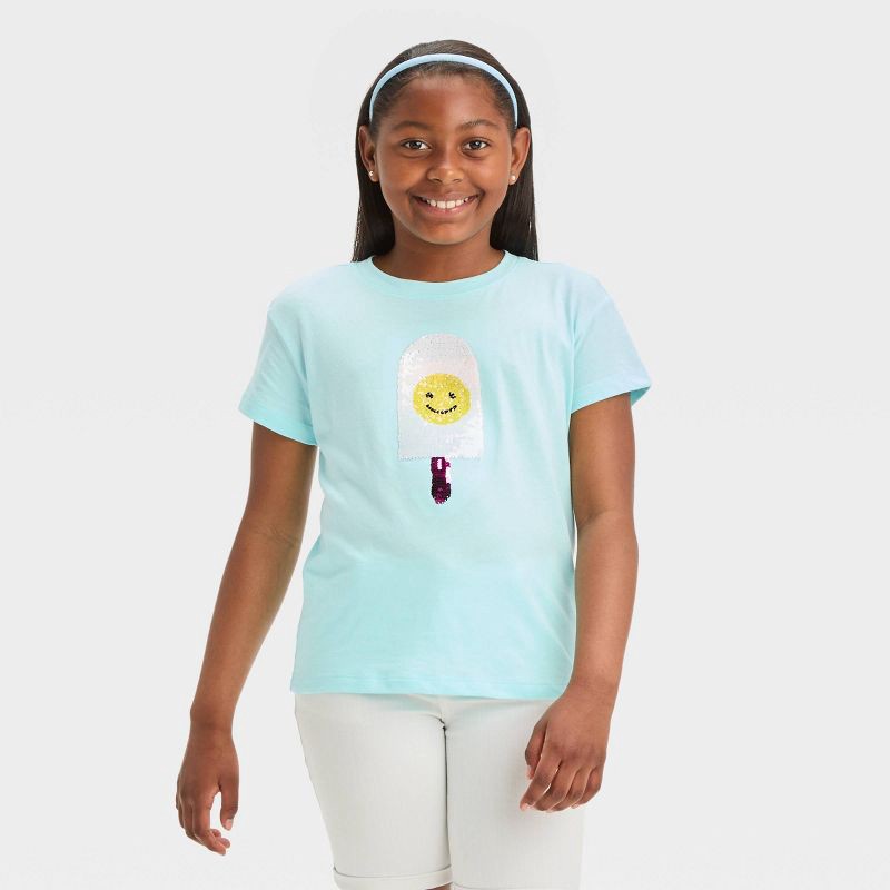 slide 2 of 4, Girls' Short Sleeve 'Ice Cream' Flip Sequin T-Shirt - Cat & Jack™ Light Turquoise Blue S, 1 ct