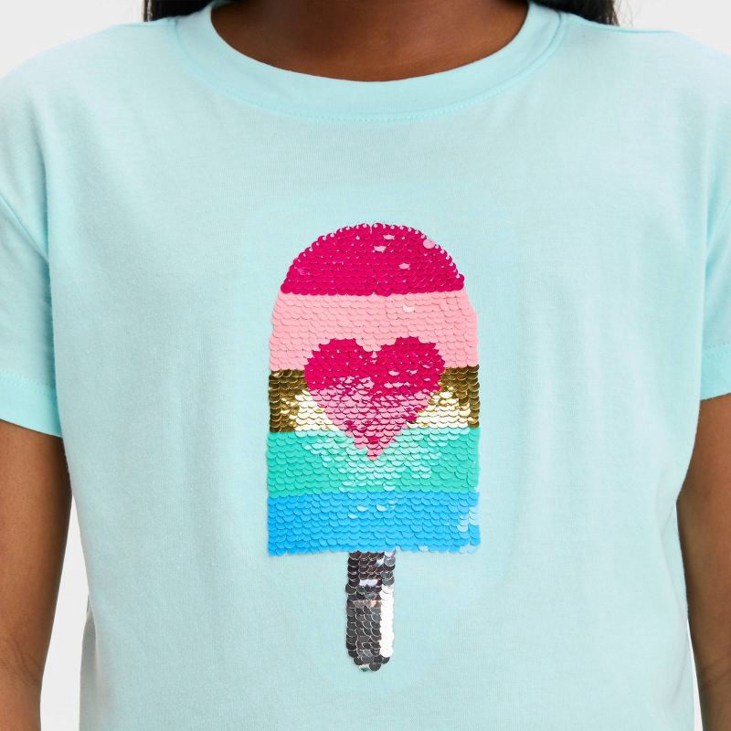 slide 3 of 4, Girls' Short Sleeve 'Ice Cream' Flip Sequin T-Shirt - Cat & Jack™ Light Turquoise Blue S, 1 ct