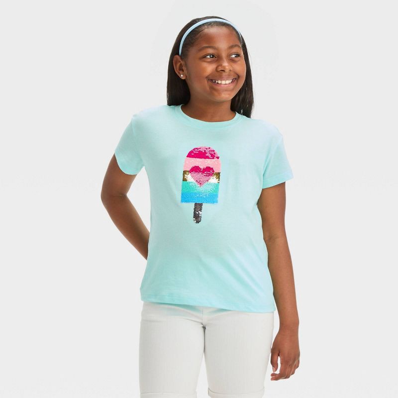 slide 1 of 4, Girls' Short Sleeve 'Ice Cream' Flip Sequin T-Shirt - Cat & Jack™ Light Turquoise Blue S, 1 ct