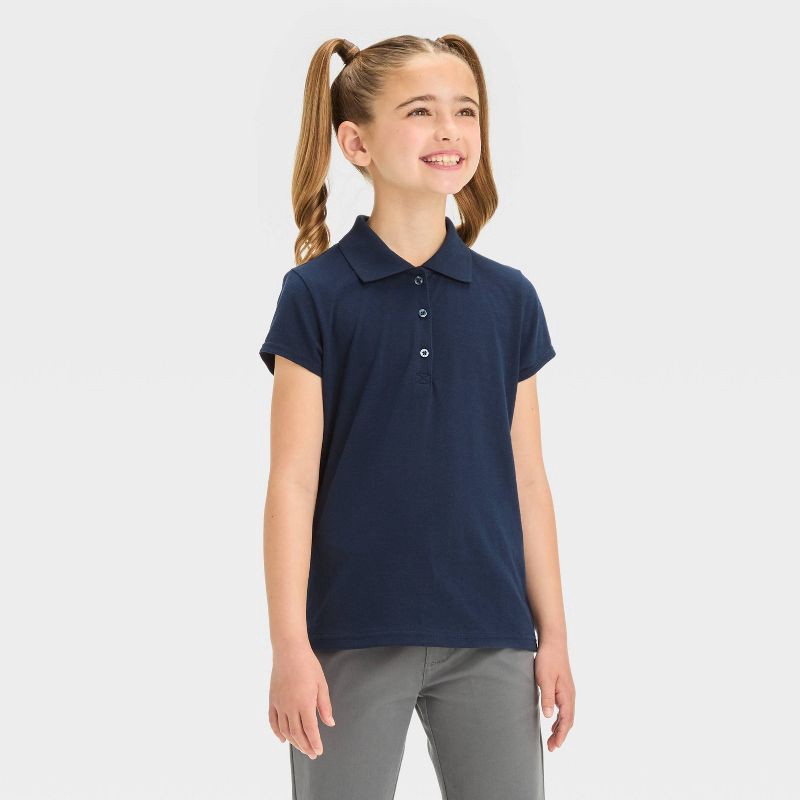 slide 1 of 3, Girls' Short Sleeve Jersey Uniform Polo Shirt - Cat & Jack™ Navy Blue M, 1 ct