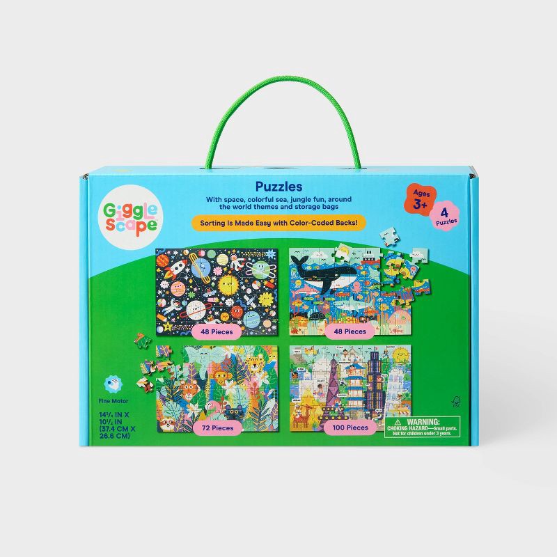 slide 4 of 5, 4pk Jigsaw Puzzles 48-100pcs - Gigglescape™: Kids, Ages 3+, Fantasy Theme, Problem Solving, Paperboard Material, 4 ct, 48 ct; 100 ct