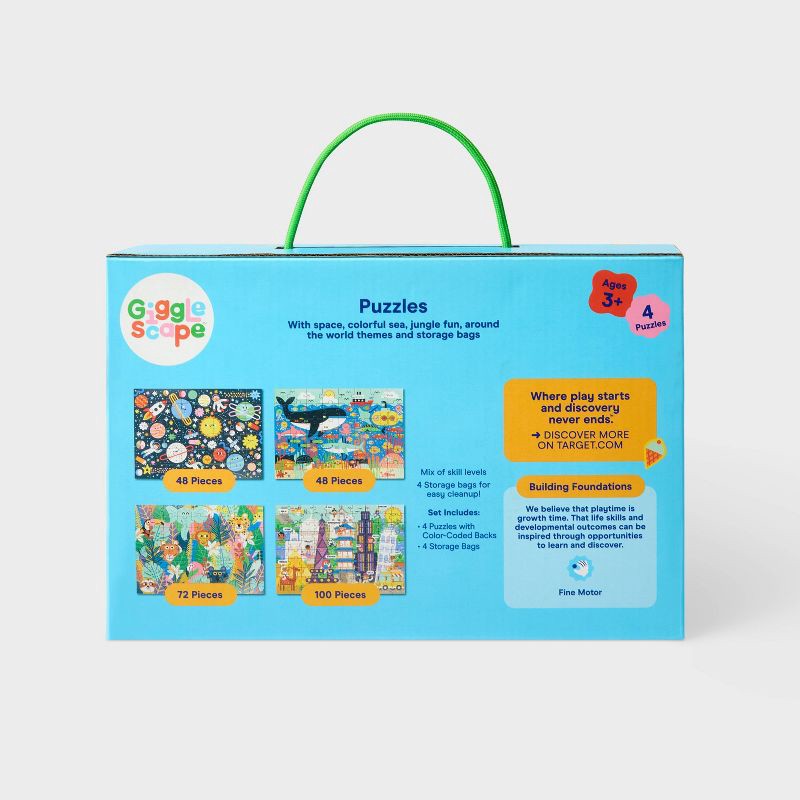 slide 5 of 5, 4pk Jigsaw Puzzles 48-100pcs - Gigglescape™: Kids, Ages 3+, Fantasy Theme, Problem Solving, Paperboard Material, 4 ct, 48 ct; 100 ct