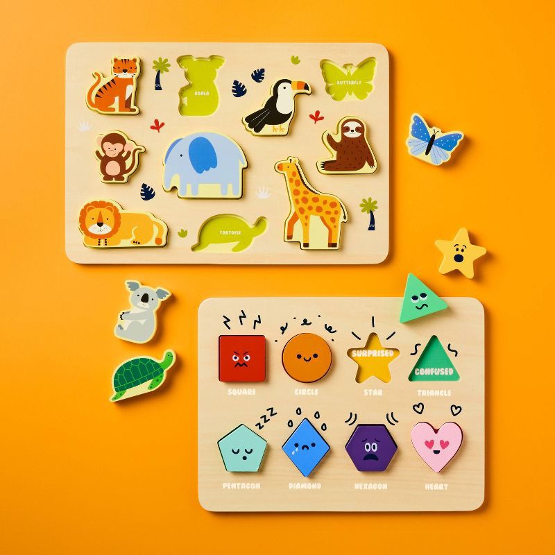 slide 2 of 5, Wooden Shapes & Animals Puzzles - 2pc - Gigglescape™: Educational Toddler Puzzle Set, Fine Motor Skills, Ages 2+, 2 ct