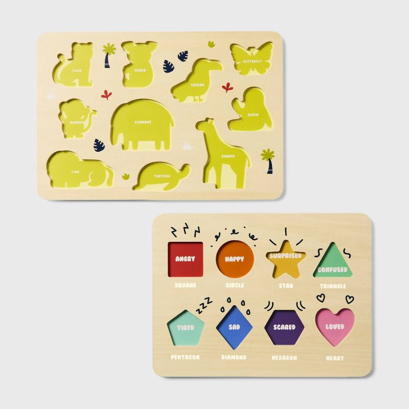 slide 3 of 5, Wooden Shapes & Animals Puzzles - 2pc - Gigglescape™: Educational Toddler Puzzle Set, Fine Motor Skills, Ages 2+, 2 ct