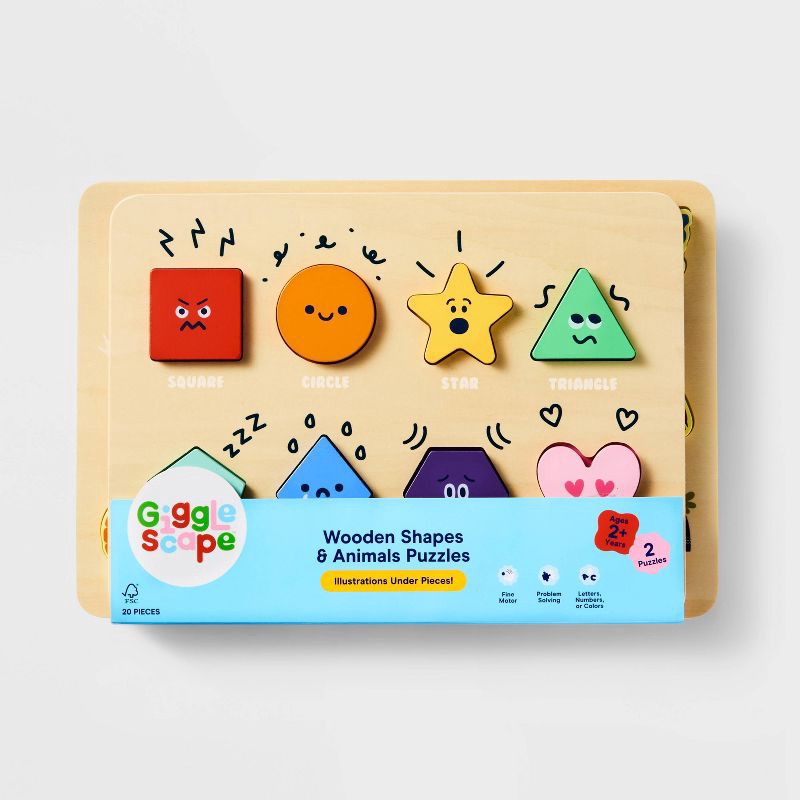 slide 5 of 5, Wooden Shapes & Animals Puzzles - 2pc - Gigglescape™: Educational Toddler Puzzle Set, Fine Motor Skills, Ages 2+, 2 ct