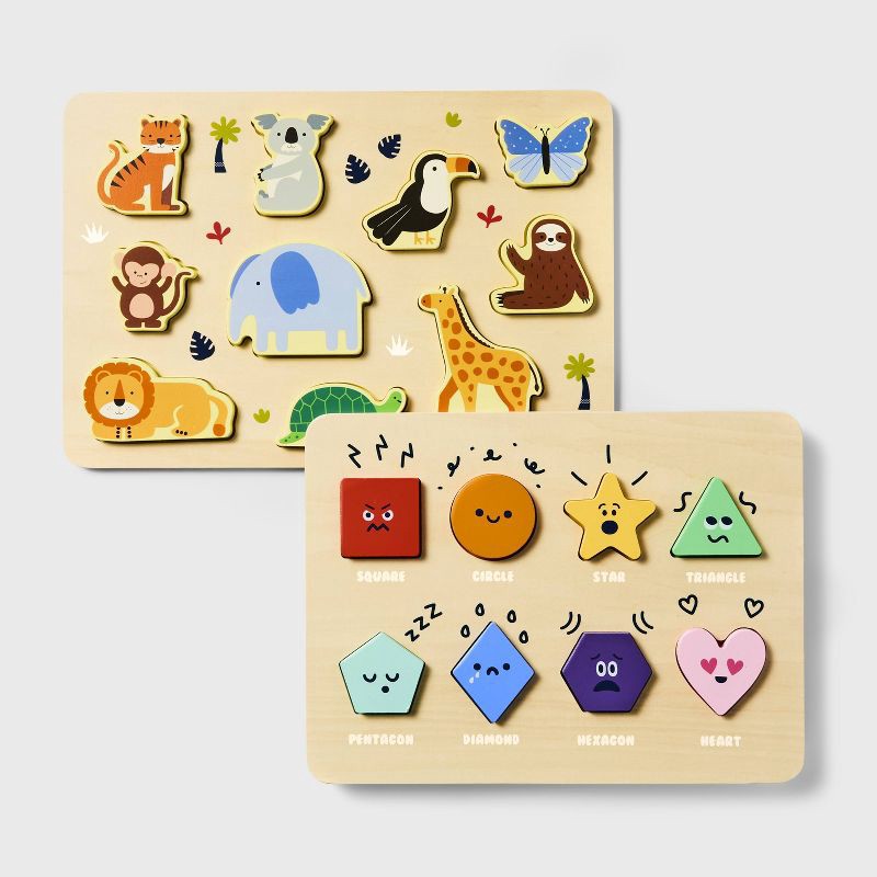 slide 1 of 5, Wooden Shapes & Animals Puzzles - 2pc - Gigglescape™: Educational Toddler Puzzle Set, Fine Motor Skills, Ages 2+, 2 ct