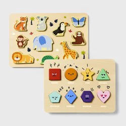 Wooden Shapes & Animals Puzzles - 2pc - Gigglescape™: Educational Toddler Puzzle Set, Fine Motor Skills, Ages 2+