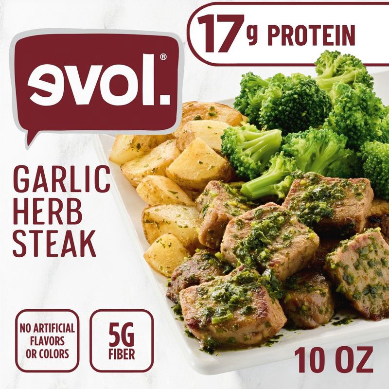 slide 1 of 7, Evol Plated Meals Garlic Herb Steak & Potatoes - 10oz, 10 oz