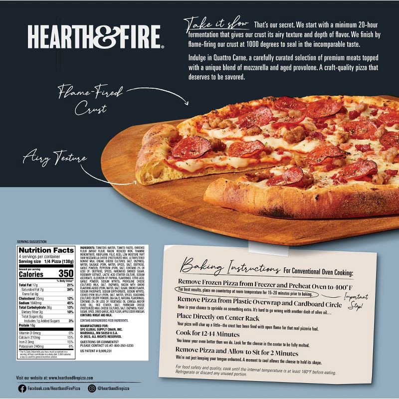 slide 2 of 9, HEARTH & FIRE Premium Frozen Pizza Quattro Carne - 19.5oz, 19.5 oz