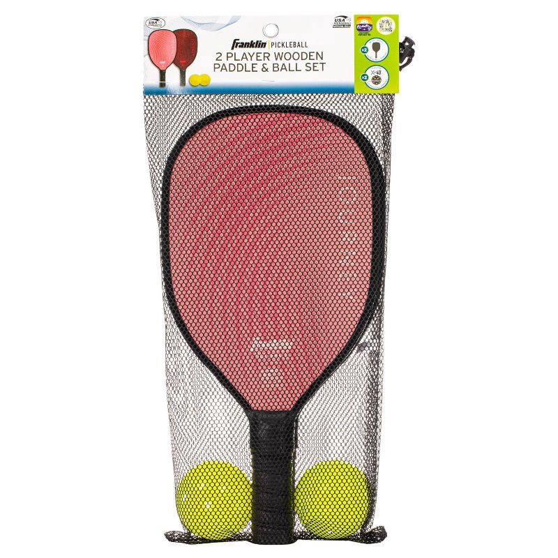 slide 2 of 7, Franklin Sports 2 Player Wood Journey Pickleball Paddle and Ball Set in Mesh Bag: Plywood Core, Medium Flex, Traditional Frame, 1 ct