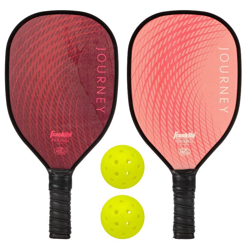 slide 1 of 7, Franklin Sports 2 Player Wood Journey Pickleball Paddle and Ball Set in Mesh Bag: Plywood Core, Medium Flex, Traditional Frame, 1 ct