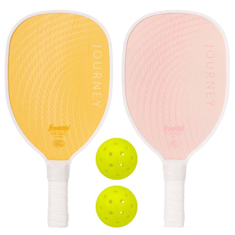 slide 1 of 7, Franklin Sports 2 Player Wood Journey Pickleball Paddle and Ball Set in Mesh bag - Yellow/Pink, 1 ct