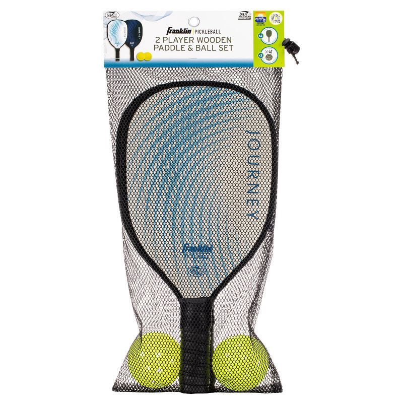 slide 2 of 7, Franklin Sports 2 Player Wood Journey Pickleball Paddle and Ball Set in Mesh Bag - White/Navy: Medium Flex, Traditional Shape, 1 ct